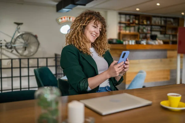 One Woman Adult Caucasian Female Sit Cafe Use Phone Smart — Stock Photo, Image
