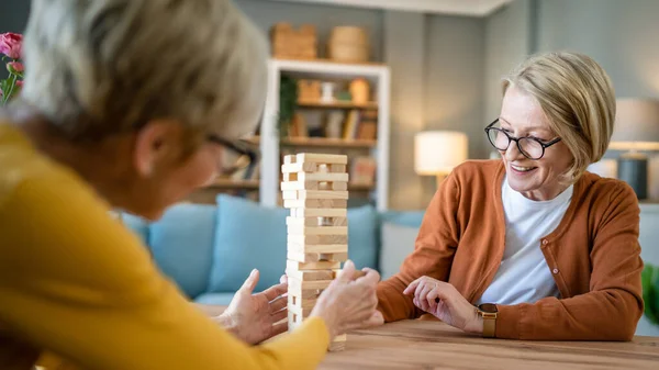 两个年长的女性女性朋友或家庭姐妹在家里玩休闲棋盘游戏养恤金领取者奶奶和她们成熟的女儿一起消磨时间 — 图库照片
