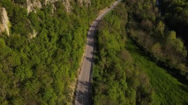Yoldaki otomobillerin hava aracı görüntüsü bahar günü dağlık alandaki ağaçlar ve kayalıklar - Sırbistan 'daki Baranica Knjazevac - Seyahat yolculuğu ve tatil konsept arabası