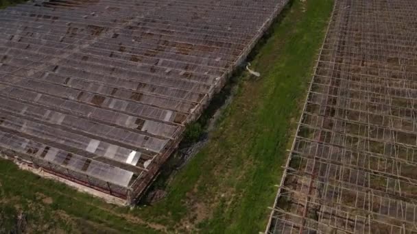 Drone Aerial View Rusty Greenhouse Abounded Broken Parts Glass Shine — Stock Video