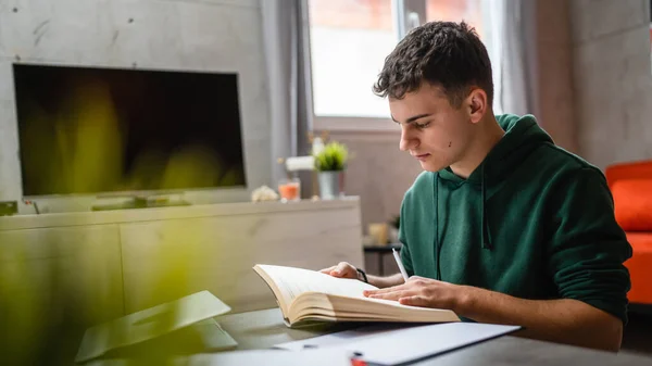One Young Man Caucasian Teenager Student Learning Study Reading Book — Stockfoto