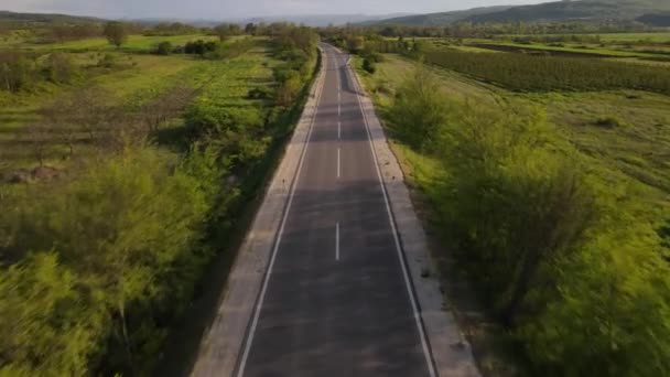 Drone Jazdy Asfaltowej Drodze Przez Pola Rolnicze Przyrody Słoneczny Dzień — Wideo stockowe