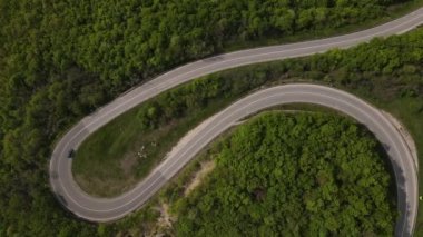 Otomobili otomobille gezerken hava aracı görüntüsü ilkbahar günü dağlık alanda ağaçların arasından geçerek - Sırbistan 'da Tresibaba Knjazevac - Seyahat yolculuğu ve tatil konsept araba sürüşü