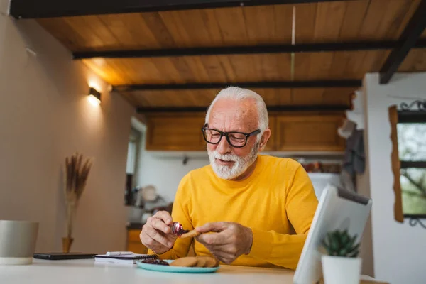 One Senior Man Caucasian Old Male Pensioner Sit Table Home — Stock Photo, Image