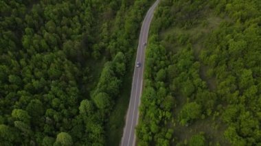 Sırbistan 'da yeşil ve manzara taşımacılığı ve seyahat konseptiyle çevrili dolambaçlı yol boyunca giden bahar aracı otomobili sırasında, bir dağ sırasındaki eğimli asfalt bir yolun hava aracı görüntüleri