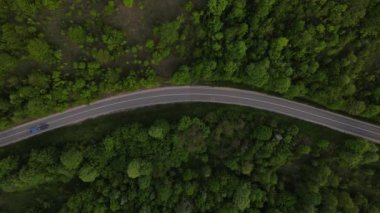 Sırbistan 'da yeşil ve manzara taşımacılığı ve seyahat konseptiyle çevrili dolambaçlı yol boyunca giden bahar aracı otomobili sırasında, bir dağ sırasındaki eğimli asfalt bir yolun hava aracı görüntüleri