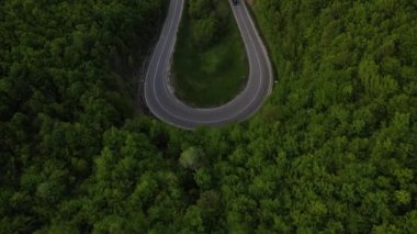 Sırbistan 'da yeşil ve manzara taşımacılığı ve seyahat konseptiyle çevrili dolambaçlı yol boyunca giden bahar aracı otomobili sırasında, bir dağ sırasındaki eğimli asfalt bir yolun hava aracı görüntüleri