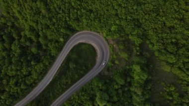 Sırbistan 'da yeşil ve manzara taşımacılığı ve seyahat konseptiyle çevrili dolambaçlı yol boyunca giden bahar aracı otomobili sırasında, bir dağ sırasındaki eğimli asfalt bir yolun hava aracı görüntüleri
