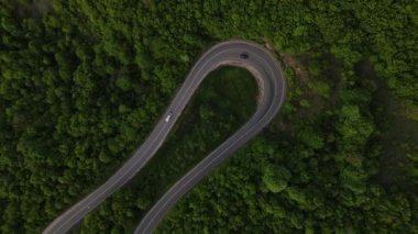 Sırbistan 'da yeşil ve manzara taşımacılığı ve seyahat konseptiyle çevrili dolambaçlı yol boyunca giden bahar aracı otomobili sırasında, bir dağ sırasındaki eğimli asfalt bir yolun hava aracı görüntüleri