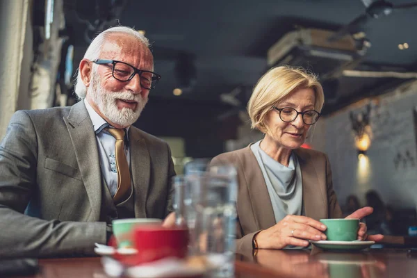 Mature Woman Senior Man Couple Engage Conversation While Have Cup — Stock Photo, Image