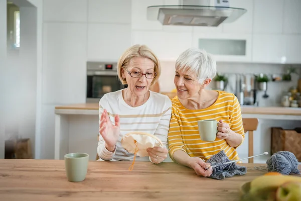Two Women Senior Mature Caucasian Friends Mother Daughter Sisters Knitting — Stock Photo, Image