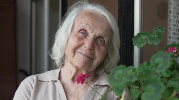 Одна Пожилая Женщина Старуха Кавказская Пенсионерка Стоящая Одна Дома Одиночестве — стоковое видео