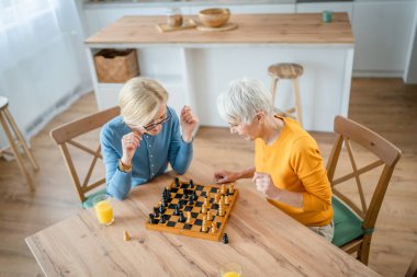 İki yaşlı olgun kadın Kafkas kadın arkadaş ya da kız kardeş evde satranç oynayarak eğleniyorlar. Birlikte evde vakit geçiriyorlar. Parlak fotokopi alanı.