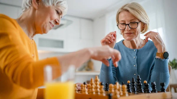 二人のシニア熟女白人女性の友人や姉妹遊びレジャーチェスボードゲーム自宅で楽しい時間を過ごしています一緒に家で明るい写真のコピースペース — ストック写真