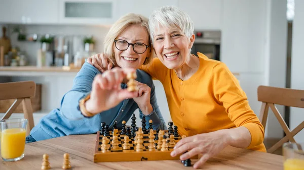 stock image two senior mature women caucasian female woman friends or sisters play leisure chess board game at home have fun spend time together at home bright photo copy space