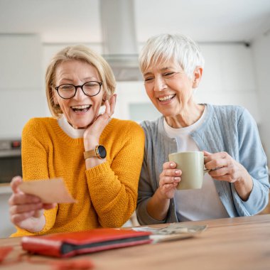 Yetişkin kadın arkadaşlar ya da kız kardeşler aile fotoğraflarına bakıyor. İki beyaz kadın evde oturup gülümserken gerçek insanlar uzayı kopyalıyor.