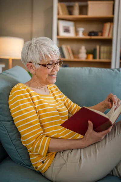 一人の女性成熟したシニアCaucasian女性年金現代祖母読みます本で家庭用眼鏡本物の人コピースペース — ストック写真
