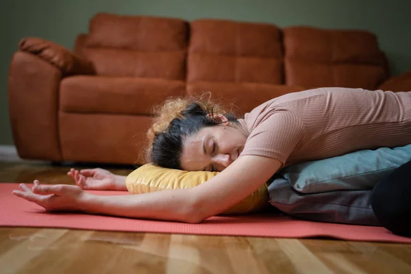 One Adult Caucasian Woman Practice Restorative Yoga Home — Foto de Stock