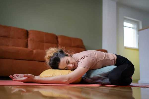 One Adult Caucasian Woman Practice Restorative Yoga Home —  Fotos de Stock