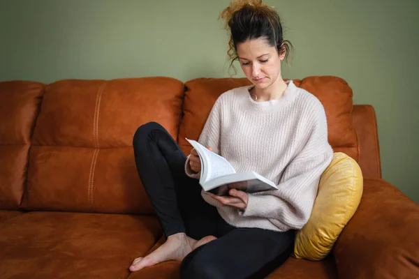 One Woman Caucasian Female Sit Sofa Bed Home Read Book —  Fotos de Stock