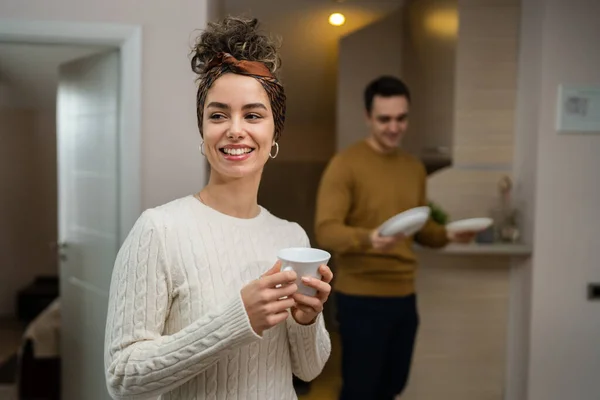 One Woman Young Caucasian Female Standing Her Apartment Cup Coffee — Stockfoto