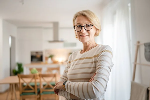 Portrait One Mature Blonde Caucasian Woman Eyeglasses Home Happy Smile — ストック写真