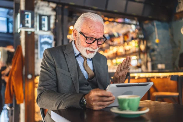 One Senior Man Caucasian Male Businessman Business Owner Use Digital — Stock Photo, Image
