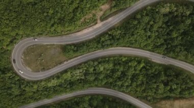 Otomobili otomobille gezerken hava aracı görüntüsü ilkbahar günü dağlık alanda ağaçların arasından geçerek - Sırbistan 'da Tresibaba Knjazevac - Seyahat yolculuğu ve tatil konsept araba sürüşü