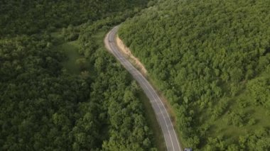 Otomobili otomobille gezerken hava aracı görüntüsü ilkbahar günü dağlık alanda ağaçların arasından geçerek - Sırbistan 'da Tresibaba Knjazevac - Seyahat yolculuğu ve tatil konsept araba sürüşü