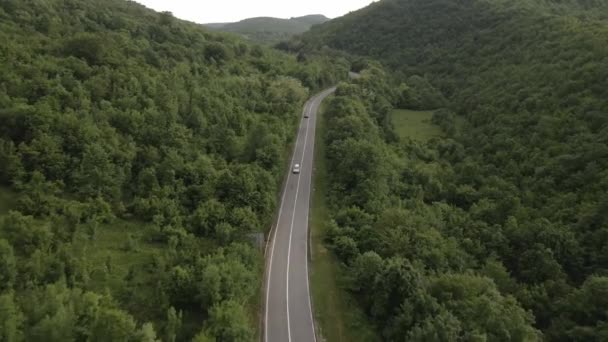 Luchtfoto Drone Uitzicht Auto Weg Door Bomen Bergketen Het Voorjaar — Stockvideo