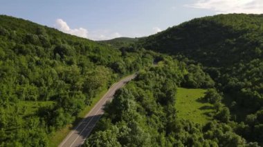 Hava aracının otomobil üzerindeki görüntüsü ilkbahar güneşli bir günde dağlık alanda ağaçların arasından geçerek - Sırbistan 'da Tresibaba Knjazevac - seyahat yolculuğu ve tatil konsepti araba sürüşü