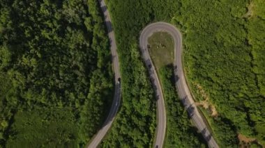 Hava aracının otomobil üzerindeki görüntüsü ilkbahar güneşli bir günde dağlık alanda ağaçların arasından geçerek - Sırbistan 'da Tresibaba Knjazevac - seyahat yolculuğu ve tatil konsepti araba sürüşü