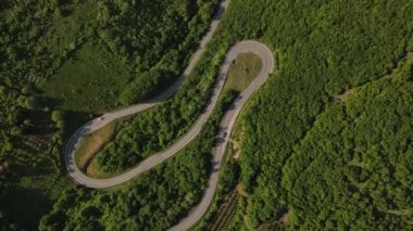 Hava aracının otomobil üzerindeki görüntüsü ilkbahar güneşli bir günde dağlık alanda ağaçların arasından geçerek - Sırbistan 'da Tresibaba Knjazevac - seyahat yolculuğu ve tatil konsepti araba sürüşü