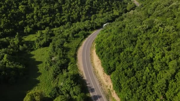 Letecký Pohled Drone Pohled Autobus Silnici Koryto Stromů Pohoří Jaře — Stock video