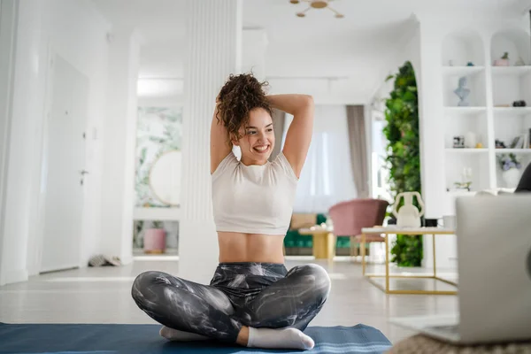 One Young Woman Caucasian Female Yoga Stretching Practice Home Online —  Fotos de Stock