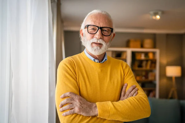 Sakallı Gri Saçlı Yaşlı Bir Adamın Portresi Gözlük Takıyor Mutlu — Stok fotoğraf