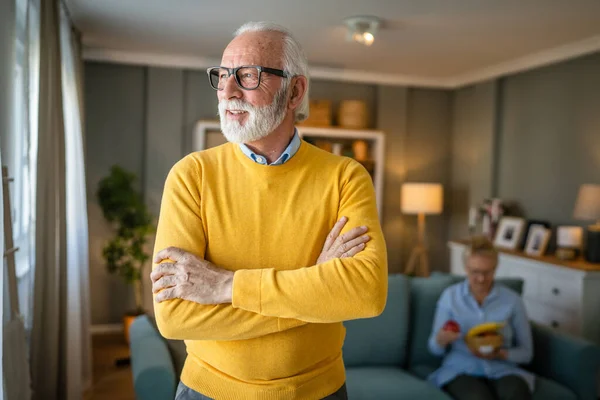 Sakallı Gri Saçlı Yaşlı Bir Adamın Portresi Gözlük Takıyor Mutlu — Stok fotoğraf