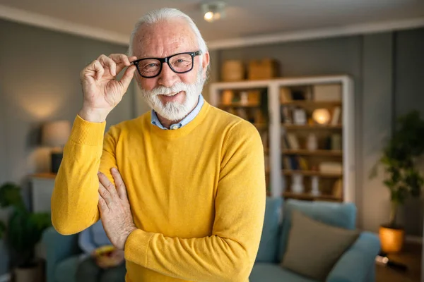 Portrait One Senior Man Beard Gray Hair Wear Eyeglasses Happy — Stock Photo, Image