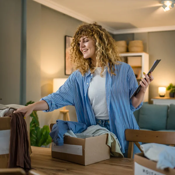 One Young Adult Woman Caucasian Female Curly Hair Prepare Wardrobe — Stock Photo, Image
