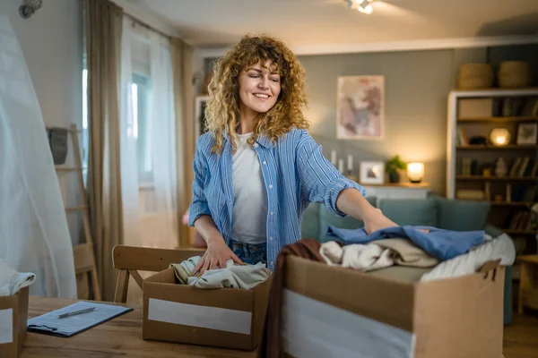 One Young Adult Woman Caucasian Female Curly Hair Prepare Wardrobe — Stock Photo, Image