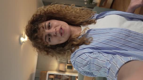 Portrait Adult Beautiful Natural Curly Hair Caucasian Woman Home Happy — Stock Video