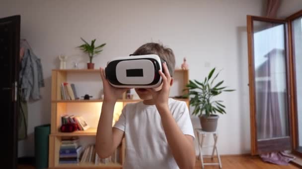 男の子 家庭での男の子の白人の子供は 仮想現実を楽しむVrヘッドセットハンドヘルドUgcユーザー生成コンテンツアマチュアビデオ — ストック動画