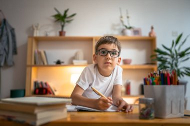 Genç çocuk öğrenci ödevlerini evde yapıyor.