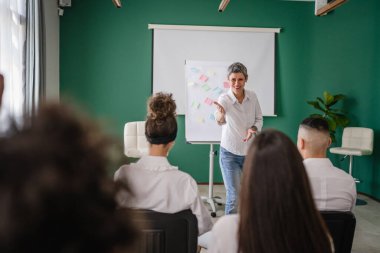 Koç eğitimi seminerdeki bir grup çalışana soruyu açıklar.