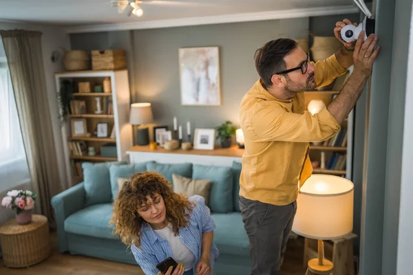 Couple Adult Caucasian Man Woman Home Connecting Setup Install Cctv — Stock Photo, Image