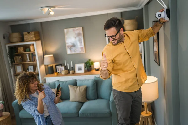 Couple Adult Caucasian Man Woman Home Connecting Setup Install Cctv — Stock Photo, Image