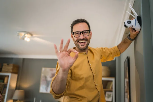One Adult Caucasian Man Home Connecting Setup Install Cctv Security — Stock Photo, Image