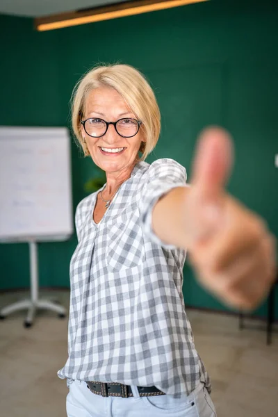 Evde Ofiste Gözlüklü Olgun Beyaz Bir Kadının Portresi Mutlu Bir — Stok fotoğraf