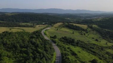 Sırbistan 'da yeşillik ve manzara taşımacılığı ve seyahat konseptiyle çevrili dolambaçlı yol boyunca giden yaz aracı otomobili sırasında bir dağ sırasındaki eğimli asfalt bir yolun hava aracı görüntüleri