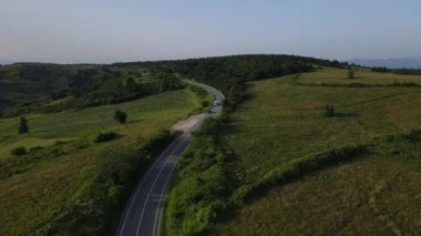 Sırbistan 'da yeşillik ve manzara taşımacılığı ve seyahat konseptiyle çevrili dolambaçlı yol boyunca giden yaz aracı otomobili sırasında bir dağ sırasındaki eğimli asfalt bir yolun hava aracı görüntüleri
